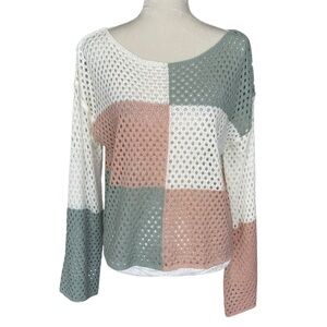 Hem & Thread Colorblock Granny Crochet Sweater Top Women’s Size L Flare Sleeves